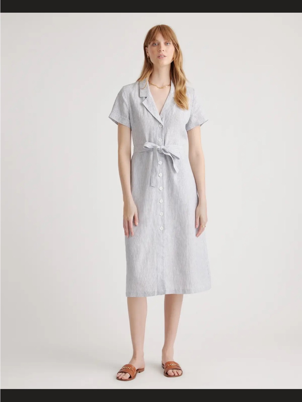 Quince Pale Blue Linen Button-Front Dress with Tie - Picture 4 of 5